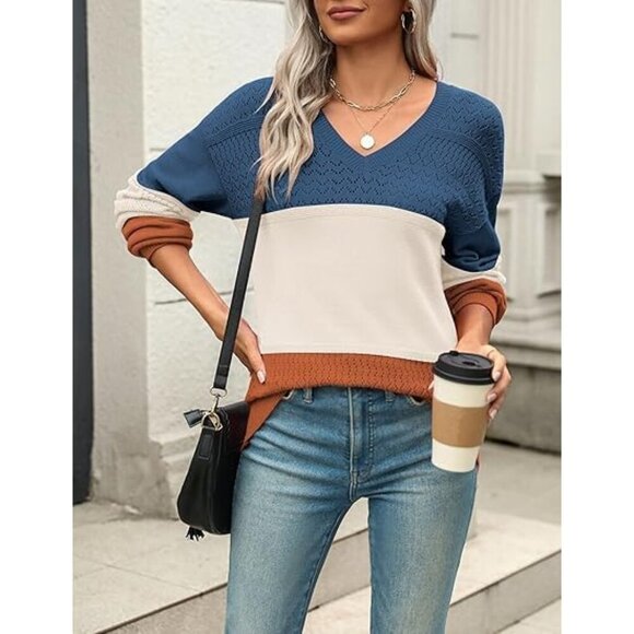 Womens Sweater Lightweight Knit V Neck Long Sleeve Crochet Casual Top - Picture 3 of 4